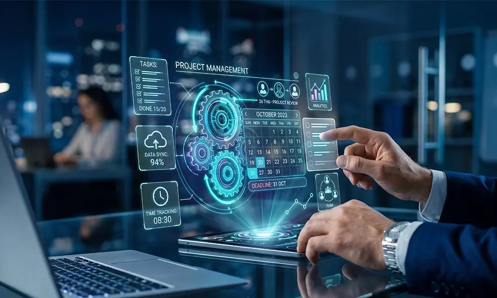 Hände welche auf einen projizierten Monitor tippen